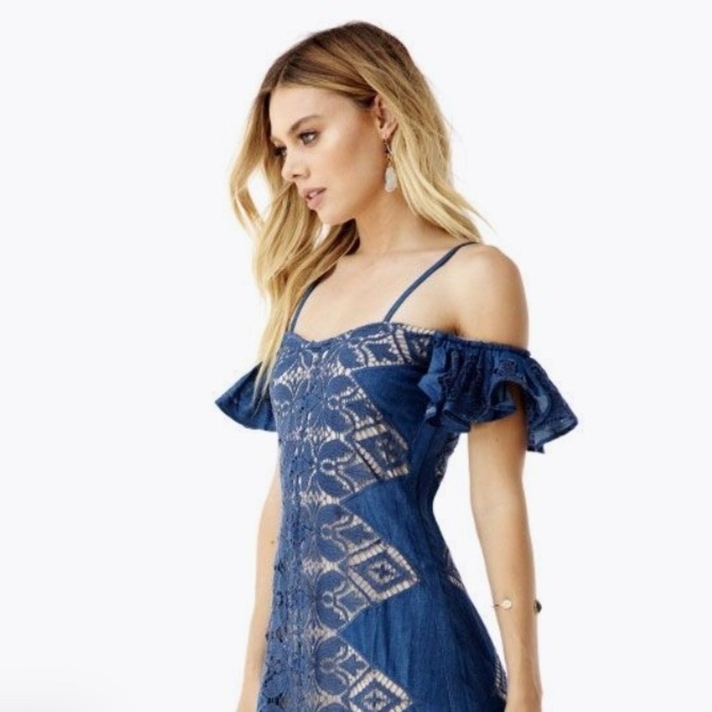 Sky Lesya Maxi Dress Off Shoulder‎ High Low Blue Lace Lined Boho Women's L NWT